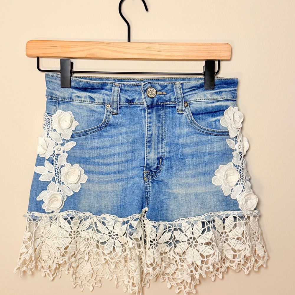 Vintage Indigo Rein Lace Skirt Overlay Y2K Mini Denim Size 5 27 Waist